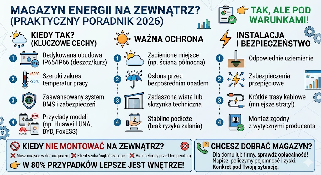 Infografika – magazyn energii na zewnątrz, poradnik 2026