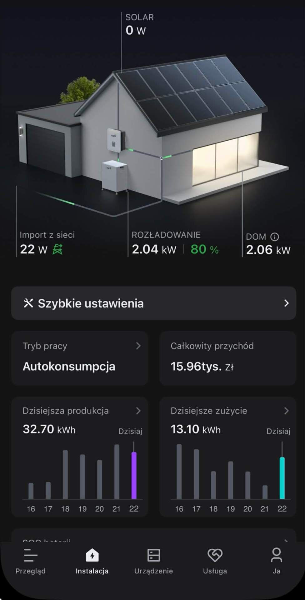 4× powrót klienta — PV + 22 kWh magazyn + klimatyzacja + PV na elewacji – zrzut z aplikacji