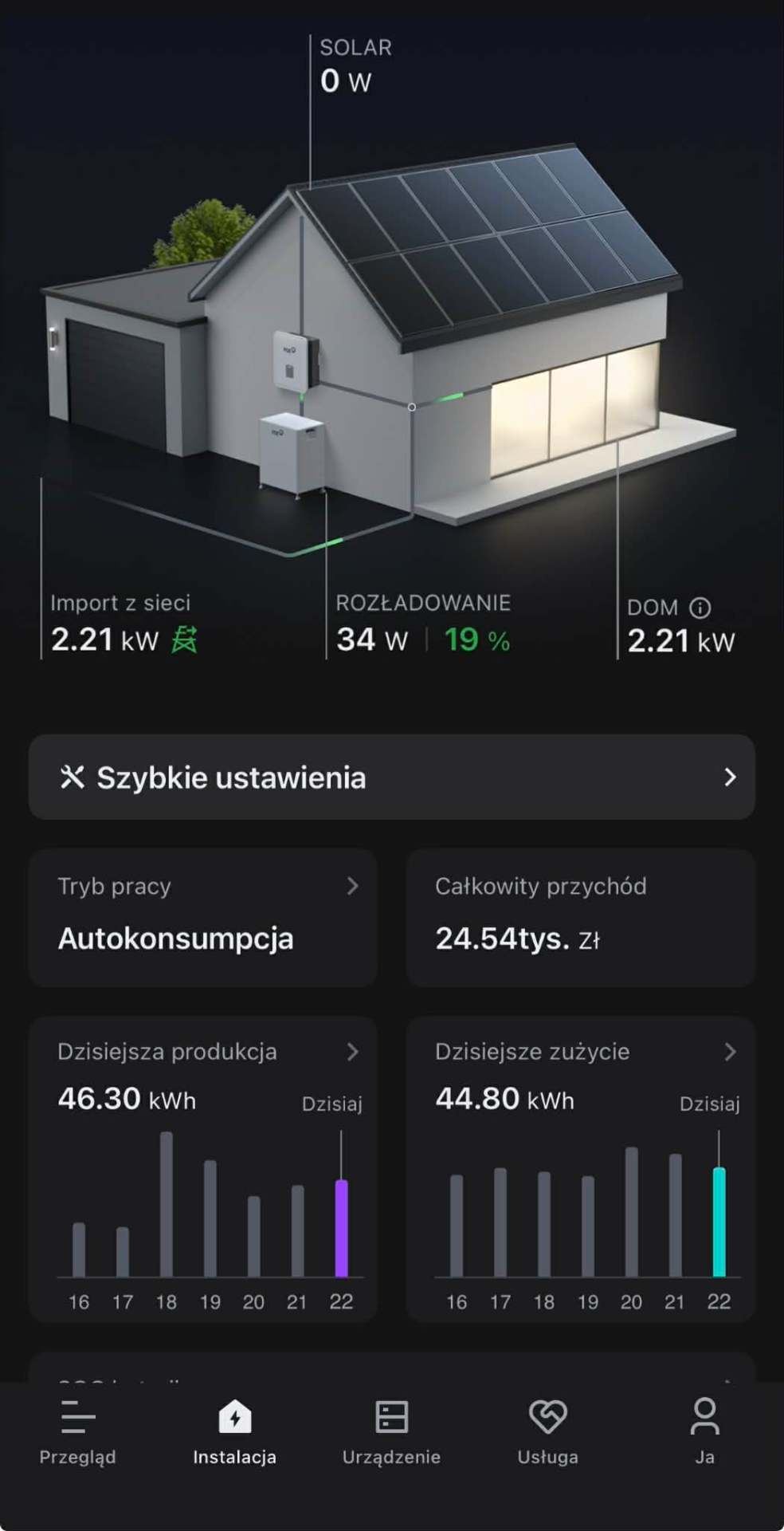 PV grunt + magazyn 10 kWh + pompa ciepła – Mikowice – zrzut z aplikacji